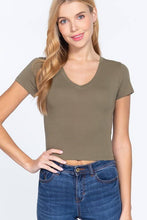 Load image into Gallery viewer, Short Sleeve V-neck Crop Top: Oat-Oatmeal / M