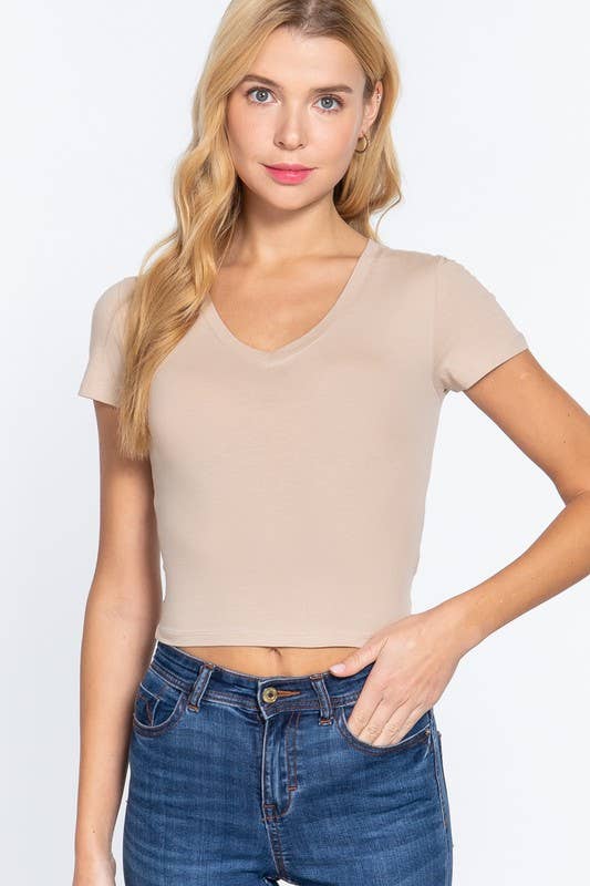 Jersey V-Neck Crop Top (Oatmeal)