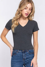 Load image into Gallery viewer, Short Sleeve V-neck Crop Top: Oat-Oatmeal / M
