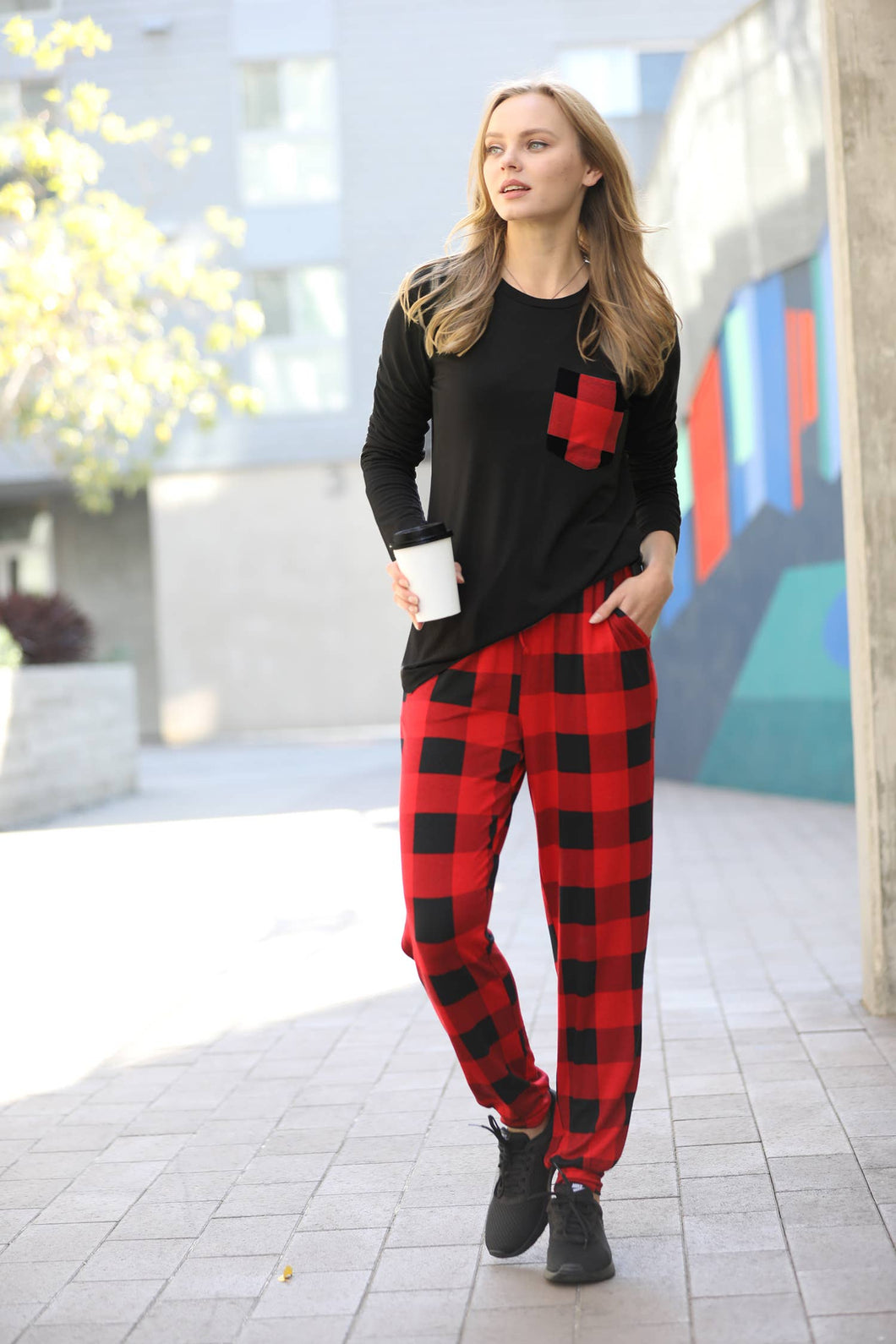 SI-21625 2pc Christmas Plaid Loungewear Set: BLACK-124077 / XL
